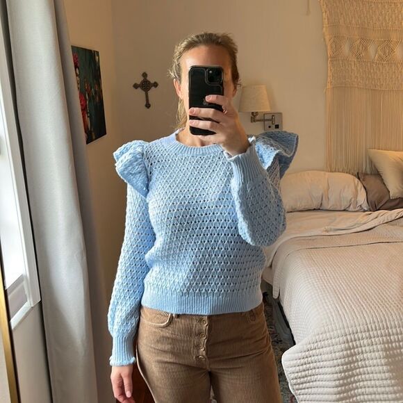 Ann Taylor Loft Sweater Womens Small Blue Ruffle Shoulder - Picture 1 of 7